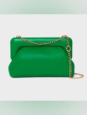 New Puff Clutch Vibrant Green Faux Leather - Sleek Gold Chain Strap Shoulder Bag